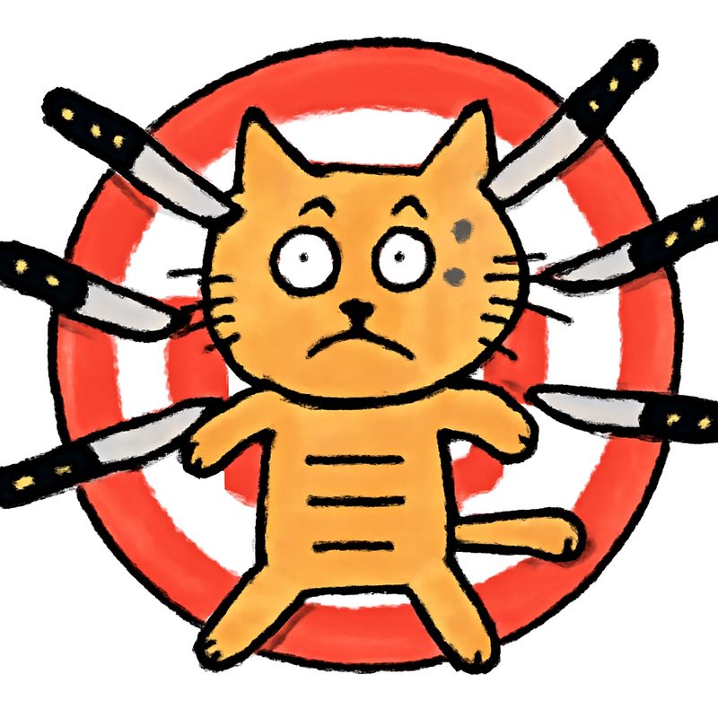 Crude drawing of a nervous orange cat pinned to a red and white target, six knives stuck around him