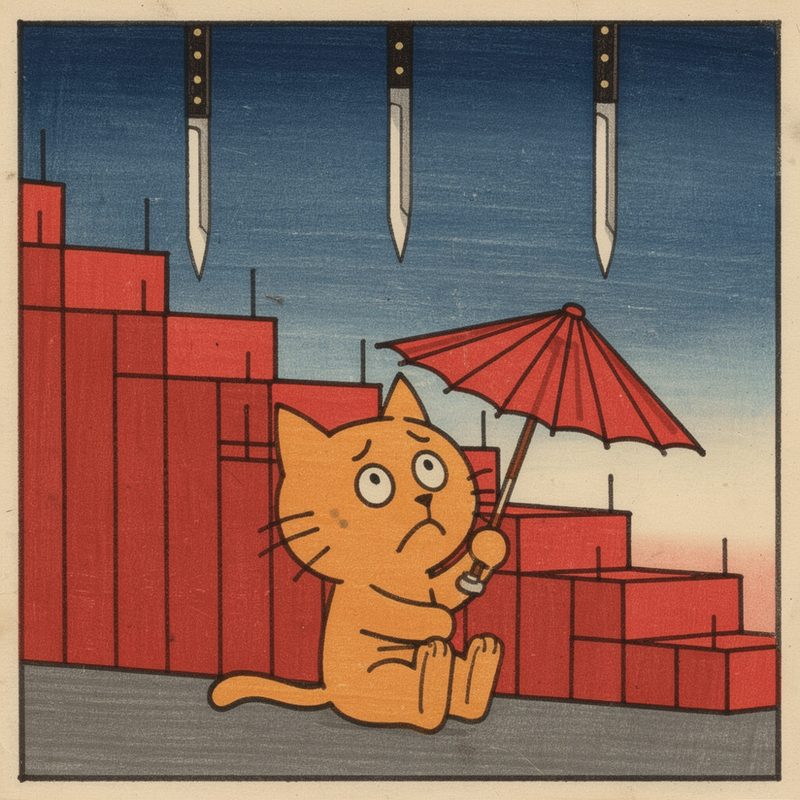Woodblock print: the cat sits under a red paper umbrella while three knives fall from an indigo sky past red candle bars stepping down