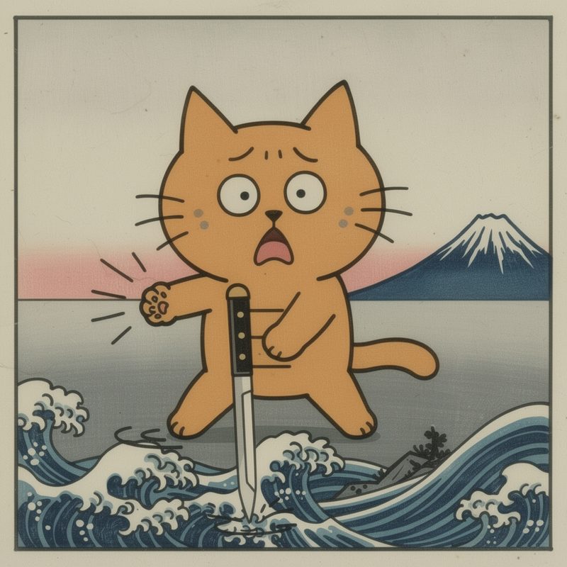 Woodblock print: the orange cat swipes at air, the knife already stuck in the ground below him, waves and a snowy mountain behind